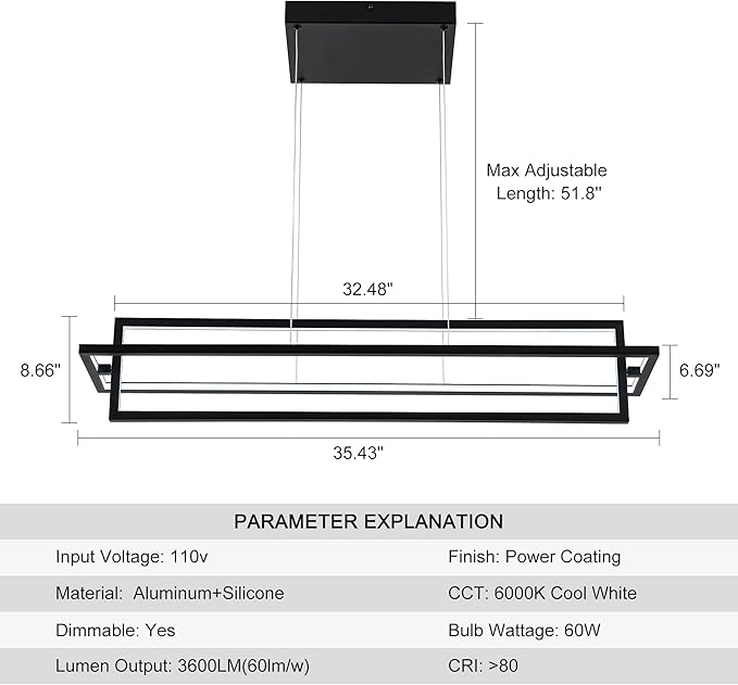 Modern LED Linear Rectangle Chandelier Dimmable 35.4” Kitchen Island Lighting, Contemporary Hanging Linear Led Pendant Chandelier Light Fixture for Dining Room Hallway Bar Black
