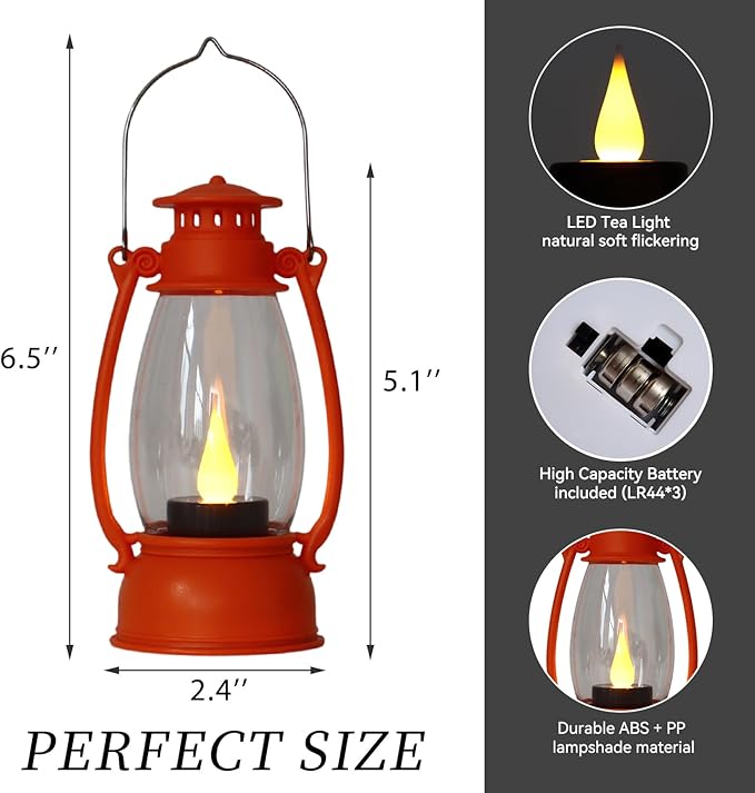 12-Pcs Orange Mini Lanterns Decorative for Halloween Thanksgiving, Fall Centerpiece for Table, Small Western Lantern with Flicker LED Candle for Cowboy Camping Christmas Wedding Decorations
