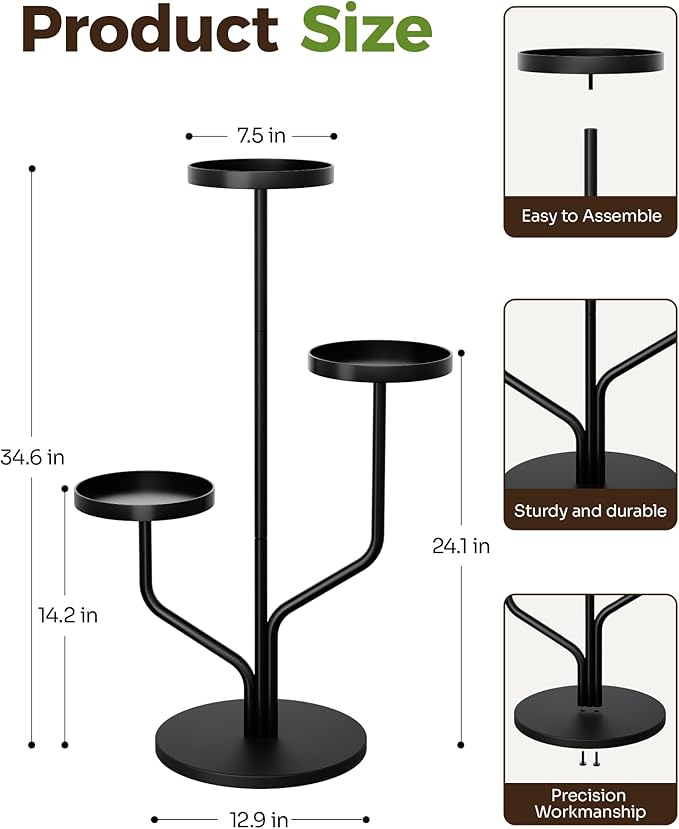 Bamworld Plant Stand Indoor Outdoor 3 Tier Metal Plant Shelf for Multiple Plants Pots Tier Tall Flower Holder for Living Room,Bedroom Decor,Balcony,Black