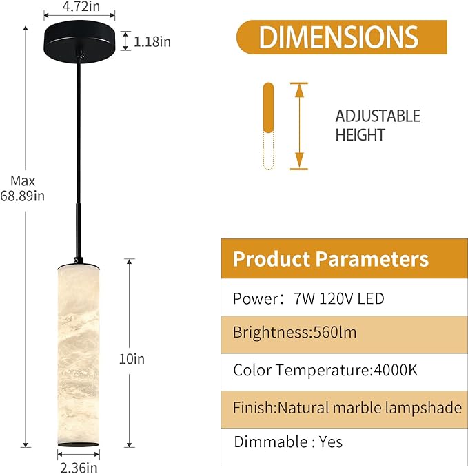 LMQNINE Natural Alabaster Pendant Lights for Kitchen Island White Marble Long Tube Chandelier Modern Black Ceiling Light Fixtures for Bedroom Dining Room Table Living Room Hallway(S-3Pack)