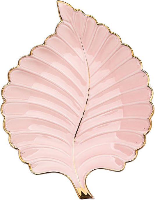 VanEnjoy Decorative Candy Dishes - Pink Ceramic Key Bowl for Entryway Table, Leaf Jewelry Plate Tray