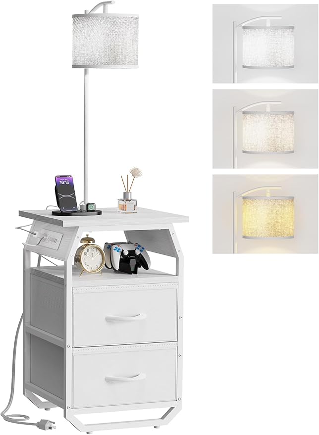 Floor Lamp with Table, End Tables with Lamps Attached 3-Color Temperature Bulb, Side Table with Lamp with 2 Drawers & Charging, Lamps Tables Combo for Bedroom, Dorm, Apartment - White