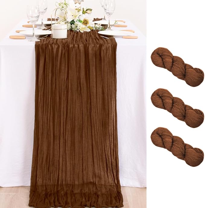 MLMC 3 Pack Brown Table Runner 10ft Boho Rustic Gauze Coffee Cheesecloth Table Runner Neutral Fall Decor 35x120 Inches for Fall Wedding Bridal Shower Reception Party Decor