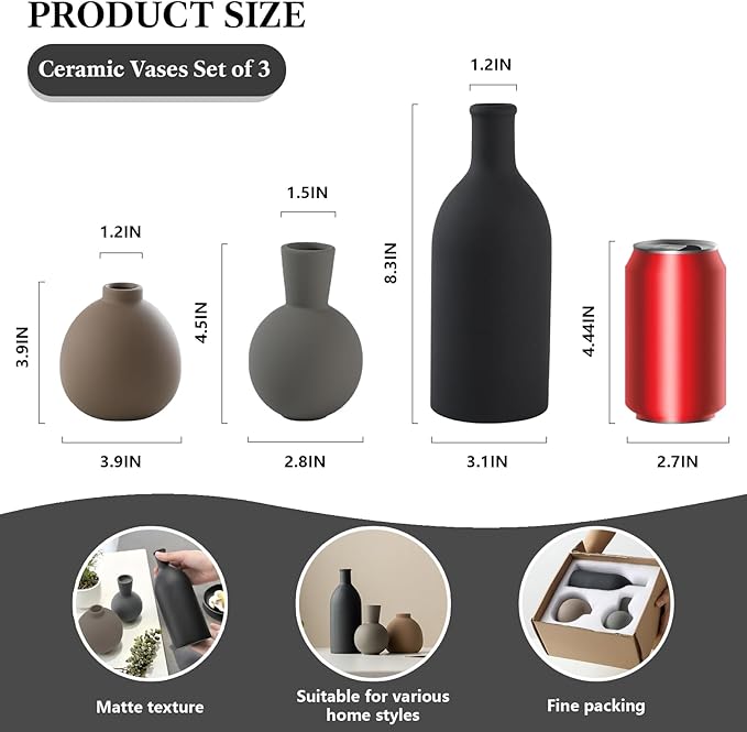 Ceramic Vase Set of 3, Vases Home Decor, Neutral Rustic Modern Farmhouse Decor, Pottery Vases for Pampas Grass Dried Fresh Flowers, Living Room Kitchen Bedroom Bathroom Entryway Mantel Shelf (Black)