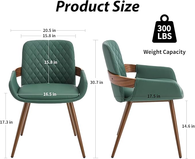 Mid Century Modern Dining Chairs Set of 2 - Faux Leather Dining Room Chairs, Upholstered Kitchen Chair with Arms and Metal Legs - Green