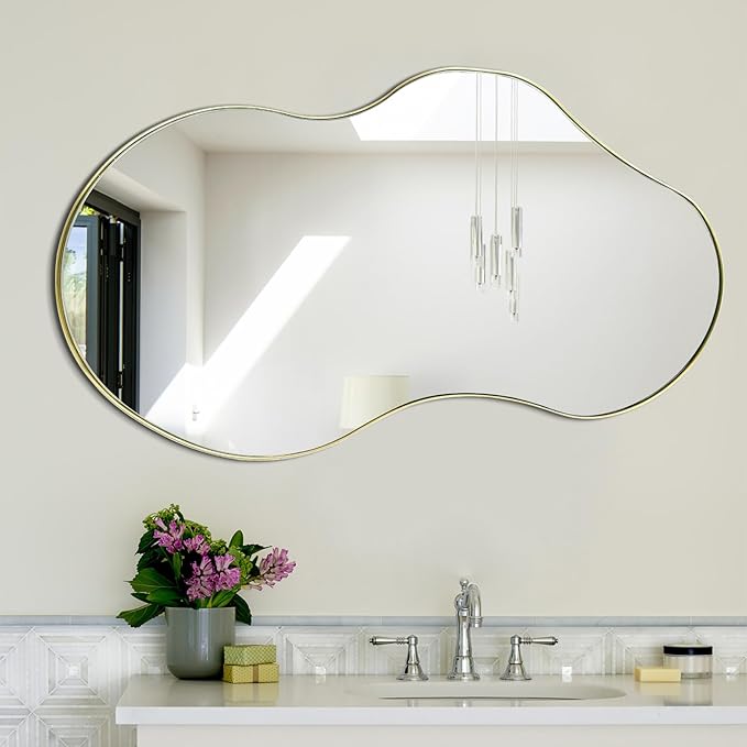 Irregular Wall Mirror, 46"x26" Asymmetrical Mirrors with Gold Metal Frame, Waved Shaped Decorative Mirrors for Living Room Bathroom Bedroom Hallway Entryway Fireplace