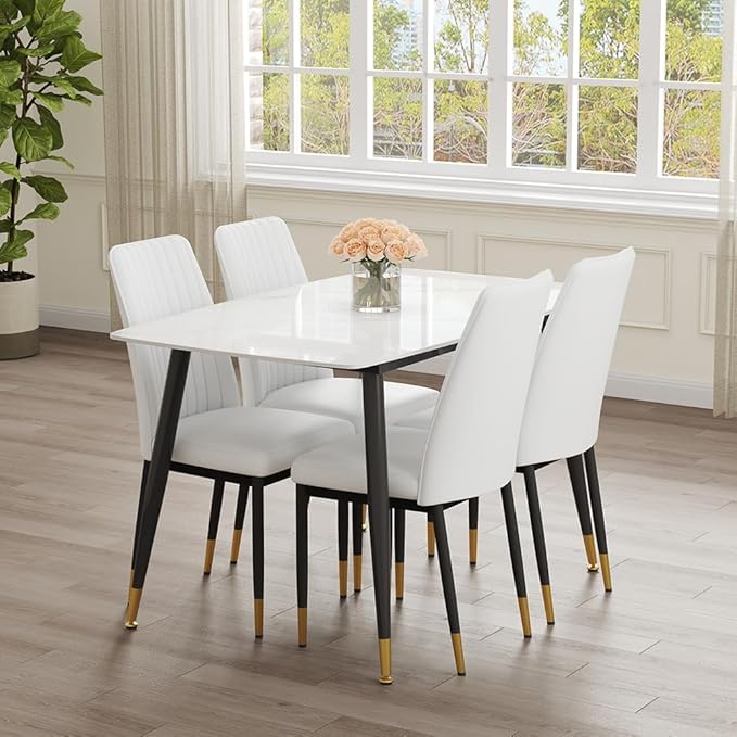 50" White Modern Sintered Stone Dining Table Set for 4 Faux Marble Dining Table with 4 Upholstered PU Leather Chair Dining Room Table Set of 4(1White Table+4 Cream White Chairs)