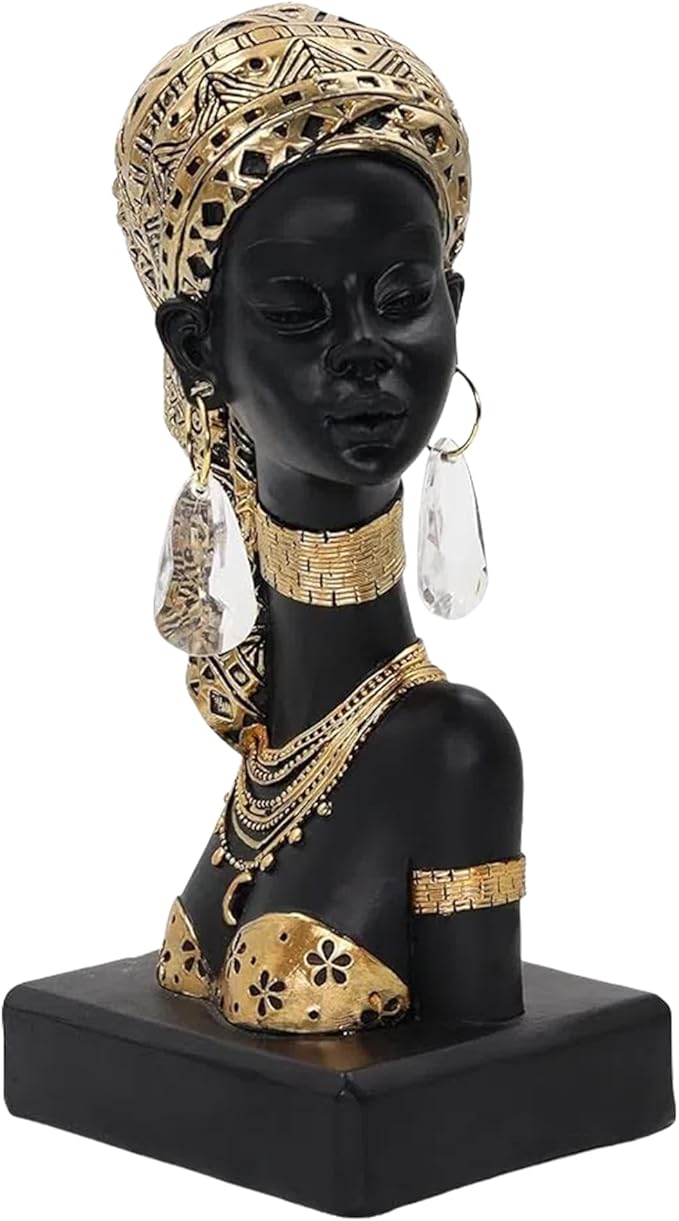 African Woman Resin Bust Sculpture with Crystal Earrings – Tribal Lady Figurine in Gold Headdress for Home Decor, Black and Gold Accent Statue for Shelf, Table, Office, Gift for Women