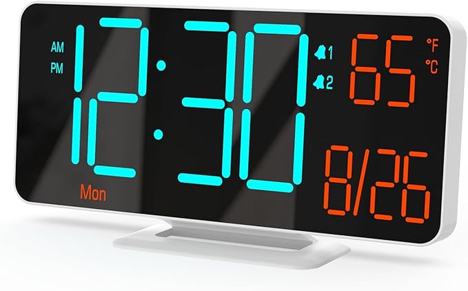 KOSUMOSU Desk Clock, 6.7in Small Digital Clock for Bedroom, Auto Dimming, Room Temperature, Day of The Week, Seconds, Date, LED Clocks for Living Room, Alarm Clocks for Bedrooms