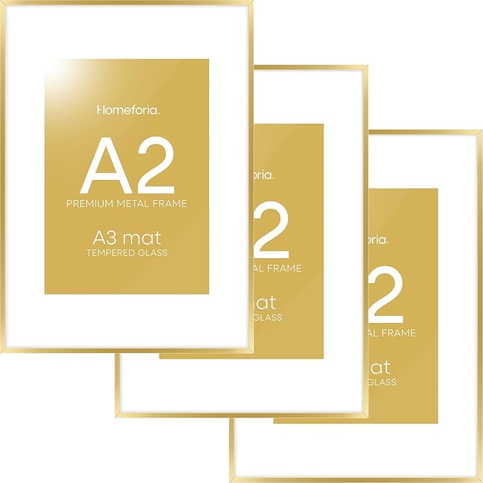 Homeoforia A2 Picture Frame Gold, High End Metal 16.5 x 23.5 inches Poster Frames with Mat 11.7 x 16.5 for Photo, A2 Size Frame Matted to A3 Print, 16.5 by 23.4 Hanging Frame, Tempered Glass, Set of 3