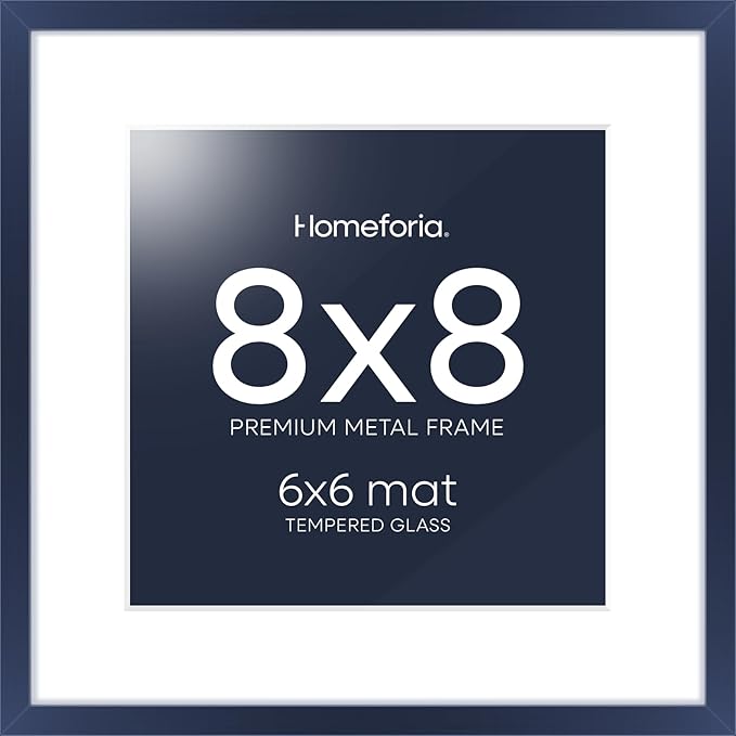 Homeforia Navy Blue Frame 8x8, High End Metal 8 x 8 Square Picture Frames with Mat 6 x 6 Art, 8x8 Photo Frame Matted to 6x6 inch Print, 8by8 Wall or Tabletop Frames, Tempered Glass, Wall Kit, Set of 1