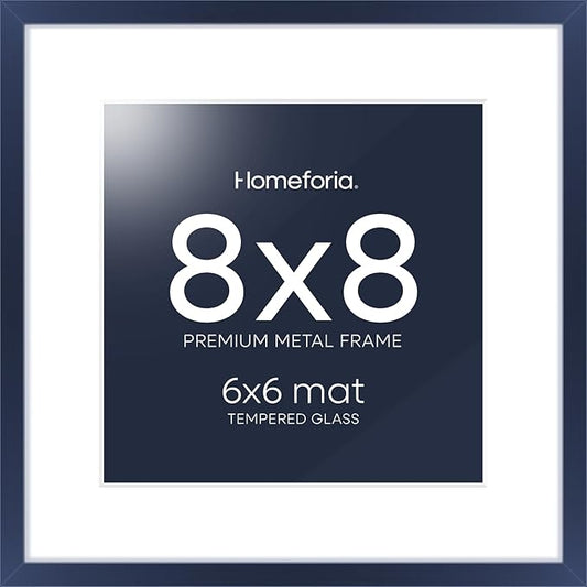 Homeforia Navy Blue Frame 8x8, High End Metal 8 x 8 Square Picture Frames with Mat 6 x 6 Art, 8x8 Photo Frame Matted to 6x6 inch Print, 8by8 Wall or Tabletop Frames, Tempered Glass, Wall Kit, Set of 1