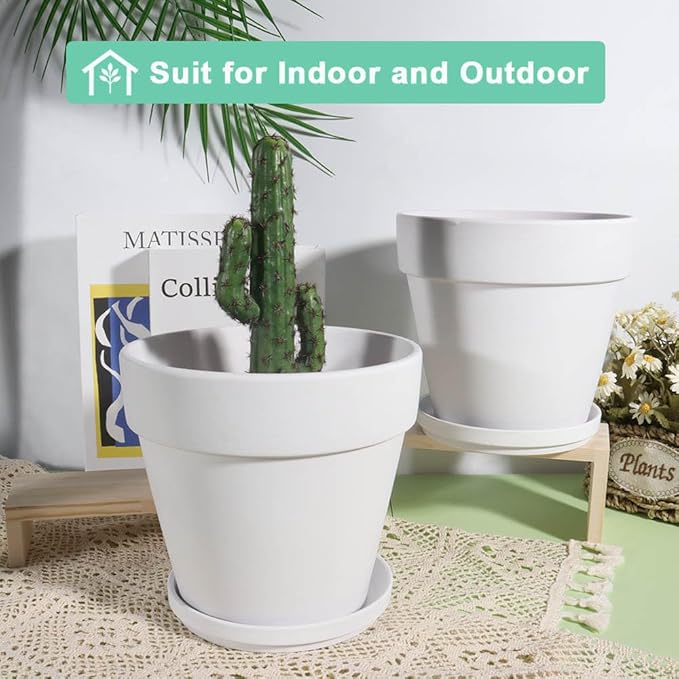 vensovo 5 Inch White Clay Pot for Plant with Saucer - 6 Pack Terra Cotta Plant Pot with Drainage Hole, Flower Pot with Tray, Terracotta Pot for Indoor Outdoor Plant