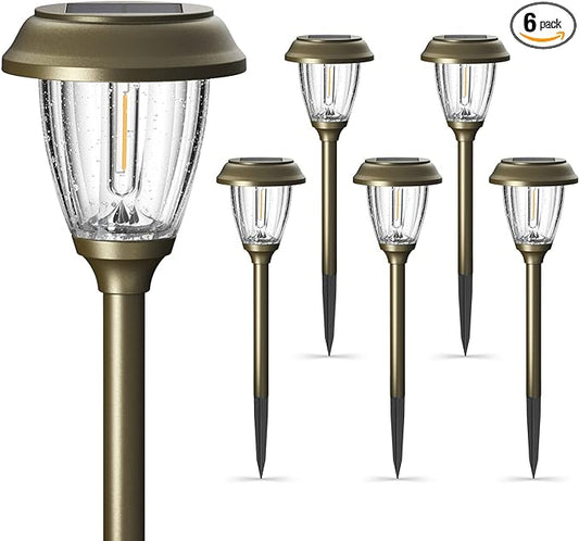 XMCOSY+ Solar Lights Outdoor 10/25 LM LED with 2 Lighting Modes, Solar Garden Lights Glass and Metal, IP65 Waterproof Solar Powered for Yard Pathway Walkway Driveway Patio (6 Pack, Warm White)