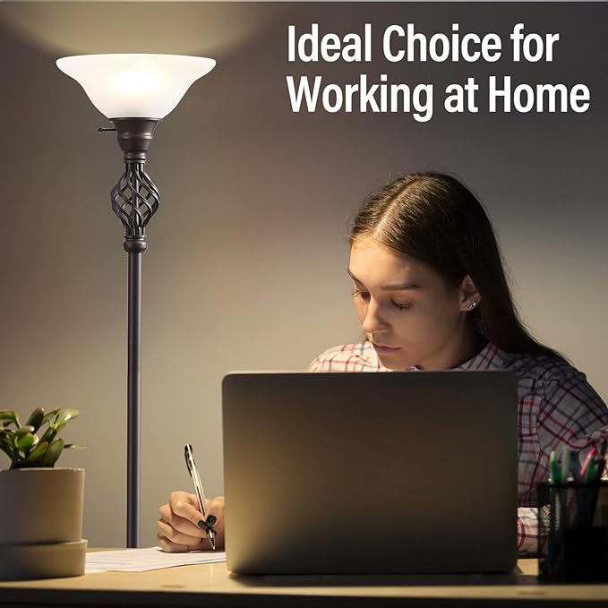 Torchiere Floor Lamp for Living Room, LED Standing Reading Light for Bedroom with Glass Shade for Living Room Corner Bedroom Home Office,Bulbs Included (Red Brown,Glass 1 Head)