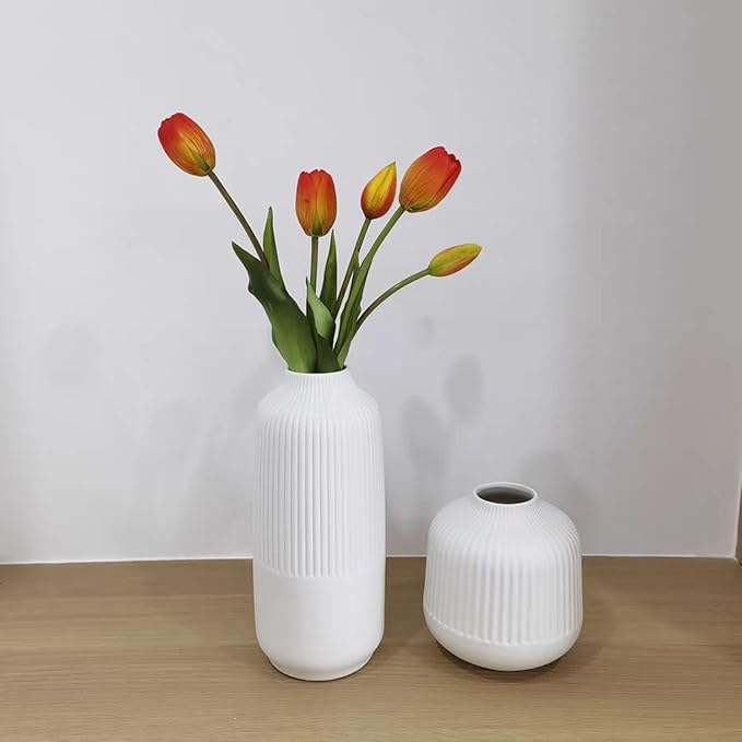 White Ceramic Vase for Flowers, 10 Inch Flower Vases Home Decor, White Boho Vases for Pampas Grass, Vase for Centerpieces Living Room Table Entryway Shelf