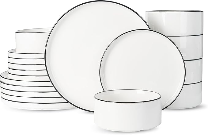 Famiware Porcelain Dinnerware Set, 18-Piece Modern Plate and Bowl Set, dish set for 6, Microwave and Dishwasher Safe Tableware, White with Black Trim