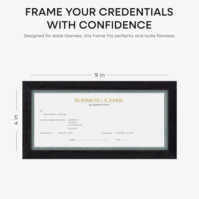 Homeforia 4x9 Business License Frame Black, High End Oak 4 x 9 Black Wood Certificate Frames, 9x4 Wooden Document Frames for Wall or Tabletop, 4 by 9 Picture Frames, Tempered Glass, Wall Kit, Set of 1