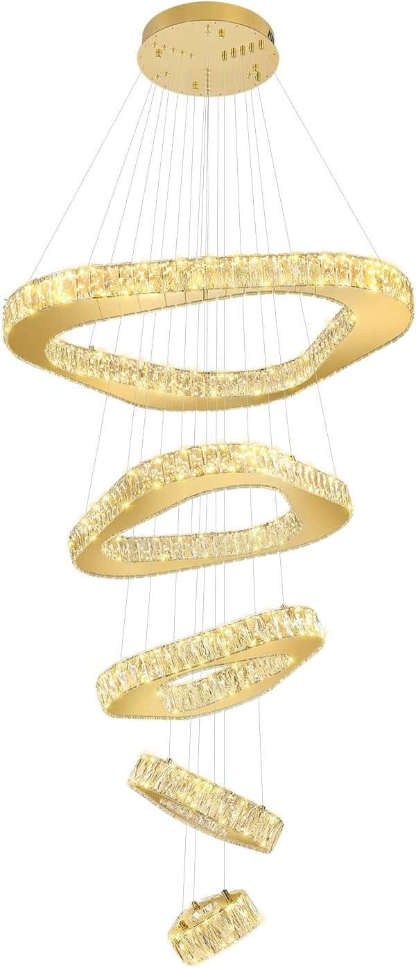 Large Modern Chandeliers 5 Ring Chandelier for High Ceiling Dimmable Gold Chandeliers High Ceiling Foyer Chandelier for Living Room Dining Room Staircase
