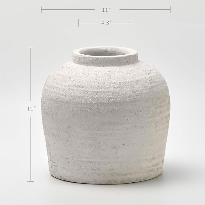 LB2 Large White Ceramic Vase, 11" Tall Zen Style vase, Terra Cotta Pitcher Vase, Distressed Farmhouse Decor, Pottery Decorative Flower for Home Decor (H 11" X 11")