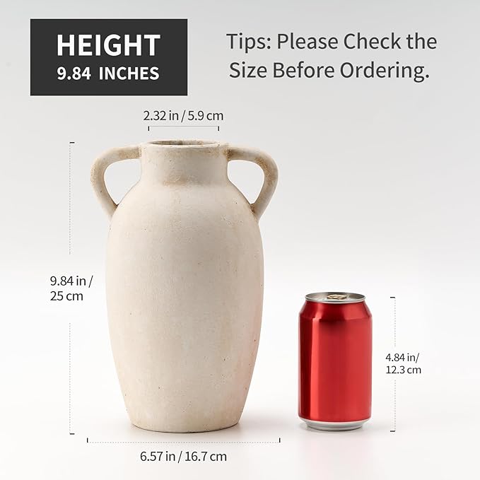 Ceramic Vase, 9.84 Inch Terracotta Vase with Handles, Boho Decor Decorative Vase, Rustic Vase for Home Decor, Farmhouse, Living Room, Table - Beige