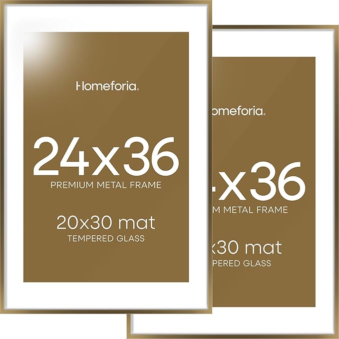 Homeforia 24x36 Picture Frame Bronze, High End Metal 24 x 36 Large Poster Frames with Mat 20 by 30 Photo, 24x36 Brass Frame Matted to 20x30 Print, 36x24 Thin Frames, Tempered Glass, Wall Kit, Set of 2