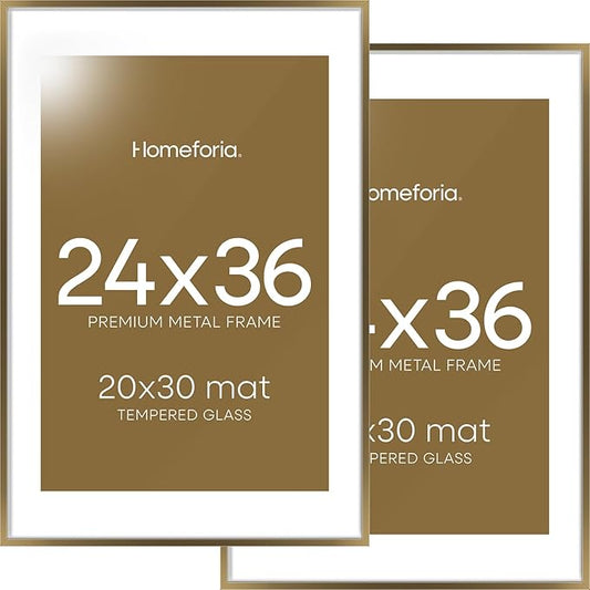 Homeforia 24x36 Picture Frame Bronze, High End Metal 24 x 36 Large Poster Frames with Mat 20 by 30 Photo, 24x36 Brass Frame Matted to 20x30 Print, 36x24 Thin Frames, Tempered Glass, Wall Kit, Set of 2