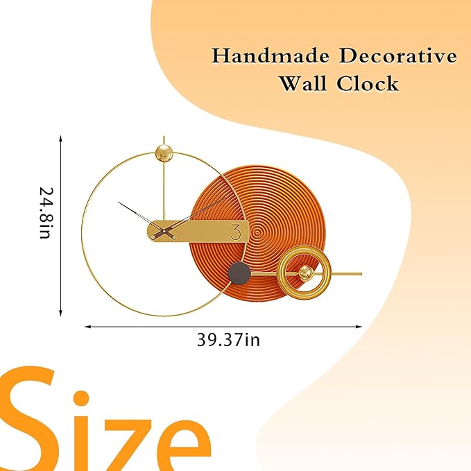 Wall Clock Large 39 Inch - Modern Orange Nordic Style, Battery Operated Silent Metal Decorative Clock for Living Room Bedroom Office House