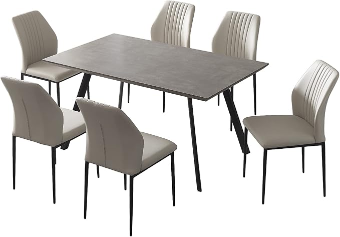 ZckyCine Modern 7-Piece Rectangular Wooden Dining Table Set with 6 Soft Dining Chairs in Grey, 46.5" (Depth), 35.4" (Width), 29.9" (Height), Antique Finish, Suitable for Dining Room