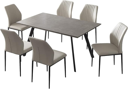 ZckyCine Modern 7-Piece Rectangular Wooden Dining Table Set with 6 Soft Dining Chairs in Grey, 46.5" (Depth), 35.4" (Width), 29.9" (Height), Antique Finish, Suitable for Dining Room