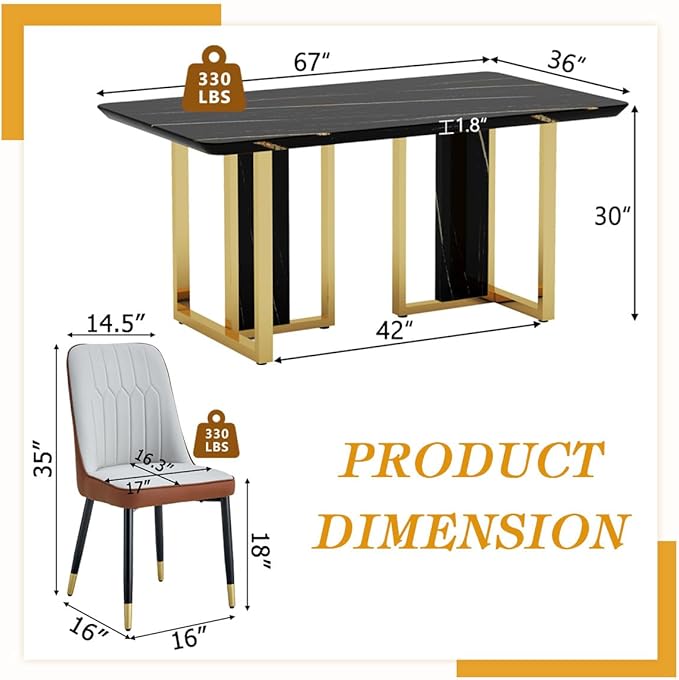 TesNus 63" Black Dining Table Set for 6 with Chairs,Modern Faux Marble Rectangular Kitchen Table and Chairs Set Luxury 7 Piece Dining Room Set with Gold Metal Legs,Easy Assemble,Stable Base