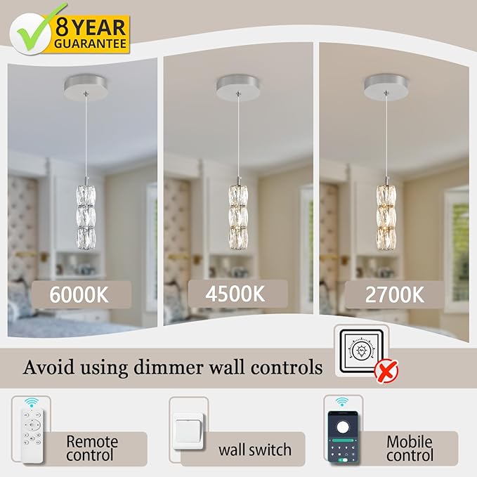 Pendant Lights Kitchen Island Single Head Chrome Crystal Island Lights Dining Foyer Entrance Modern Chandeliers LED Dimmable 2700-6000K