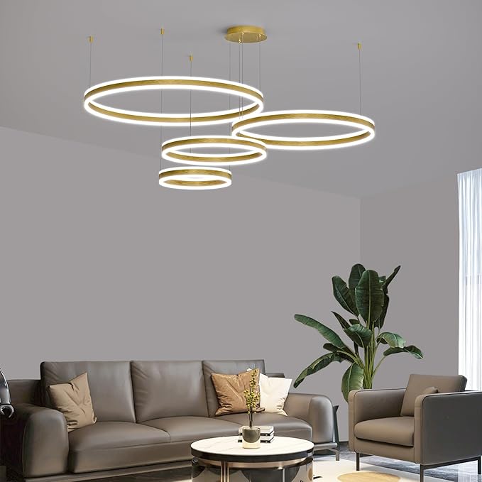 Modern LED Chandelier Light, 4 Ring Gold Pendant Lighting Fixture, Adjustable Hanging Ceiling Lamp for Dining Room, Kitchen Island, Entryway, Living Room, Dimmable Dining Lights Over Table