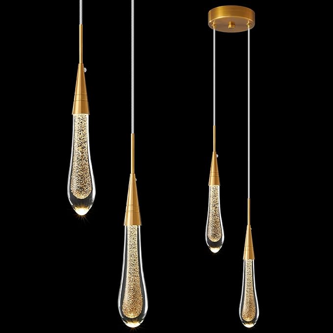 LMQNINE Pendant Lights Kitchen Light Fixtures Dimmable LED Modern Gold Pendant Light Mini Teardrop Crystal Pendant Lighting for Kitchen Island Bedroom Hallway Entryway (2-Light)