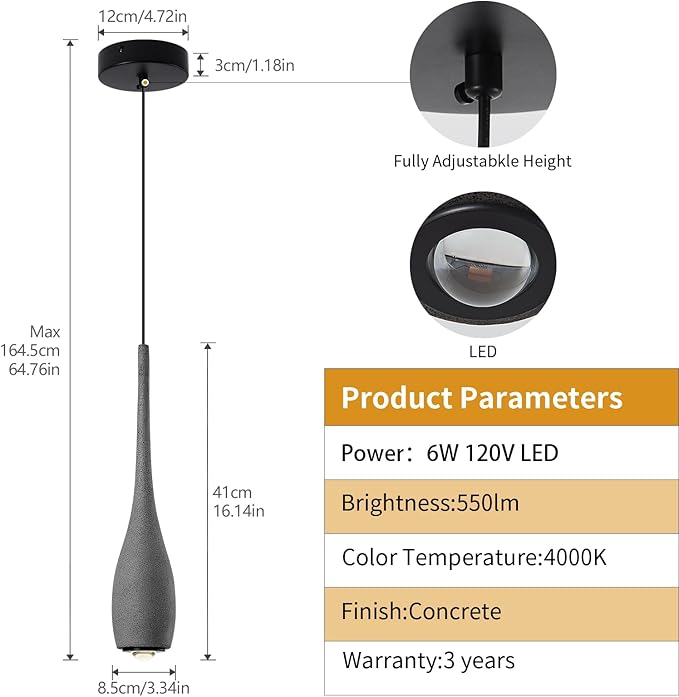 Black Pendant Light for Kitchen Island, LED Lens Concrete Pendant Light fixtures, Small Modern Industrial Hanging Pendant Light for Over Sink, Bar, Dining Room, Bedside(2-Pack)