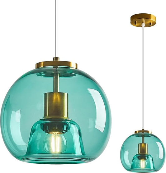Light Blue Glass Pendant Lights Kitchen Island Gold Hanging Light Fixture Glass Globe Pendant Light Modern Pendant Lighting for Kitchen Island Bedroom Dining Room (7.87", 1 Pack)