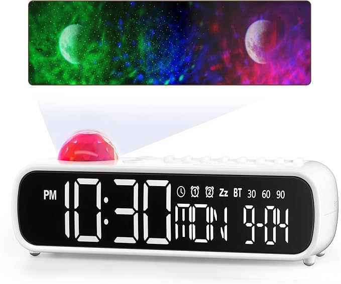 White Noise Sound Machine with Clock for Baby Kids Adults, with 8 Soothing Sounds for Office & Sleeping, 30/60/90 Mins Timer, Bluetooth Speaker, Star Projector Galaxy Light for Home, Travel