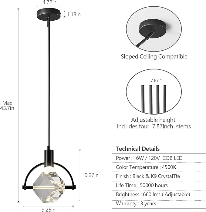 Pendant Ceiling Light Fixture for Kitchen Island, Modern Mini Integrated LED Hanging Light, Crystal Pendant Light in Black, Bedroom, Dining Room, Bar (1-Lights)