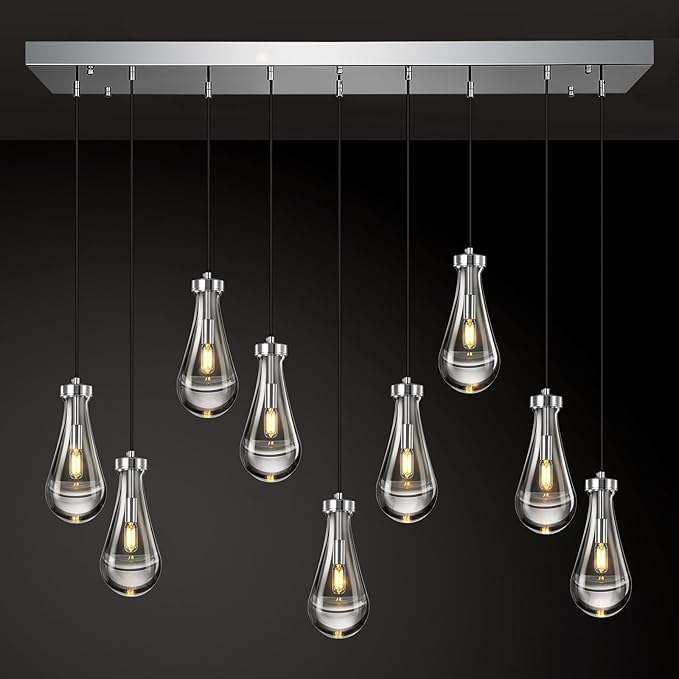 Modern Raindrop Pendant Lights Kitchen Island Teardrop Chrome Hanging Light Fixture Clear Solid Glass Chandeliers Crystal Pendant Light for Porch Living Room Dining Room(Long Plate-9 Lights)