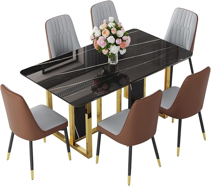 TesNus 63" Black Dining Table Set for 6 with Chairs,Modern Faux Marble Rectangular Kitchen Table and Chairs Set Luxury 7 Piece Dining Room Set with Gold Metal Legs,Easy Assemble,Stable Base