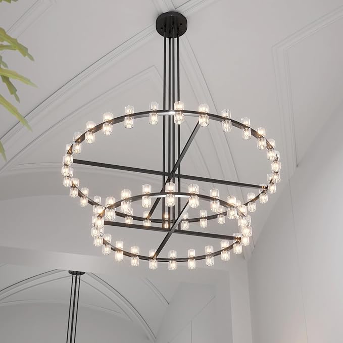 D48''+D60'' Large Black Wagon Wheel Chandeliers Black Round Chandelier Glass Chandeliers for Dining Room,Living Room Vintage Chandelier