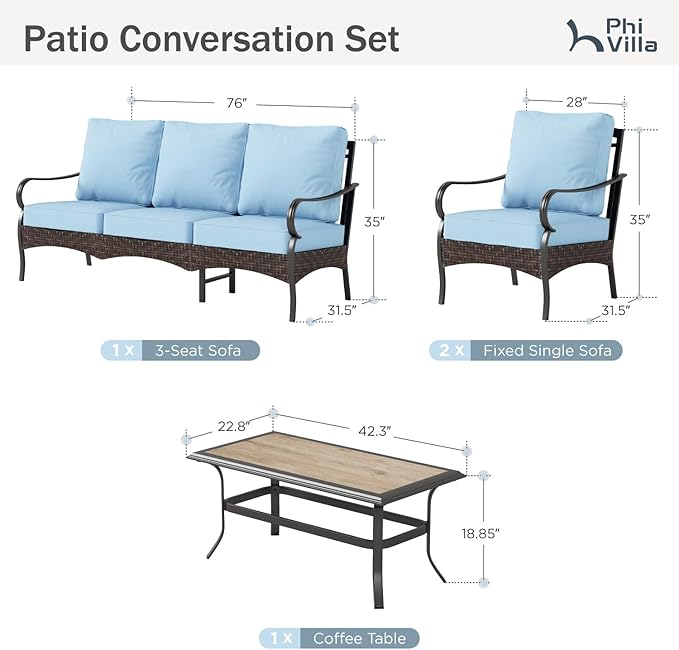 PHI VILLA Outdoor Modern Patio Furniture Set, Upgraded Wicker&Metal Patio Furniture Conversation Set with Waterproof Thick Cushions for Porch, Poolside, Deck, and Yard (4 Pieces,Blue)