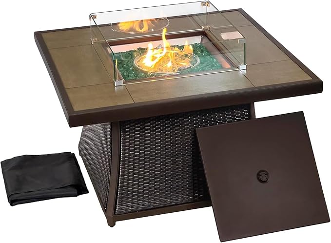 42" Propane Fire Pit Table, Patio Dining Fire Pit Table, 50,000BTU CSA Certified, Tile, Aluminum, & Wicker Details, with Lid&Wind Guard, Outdoor Fire Pit Accessories Included, for Garden, Yard
