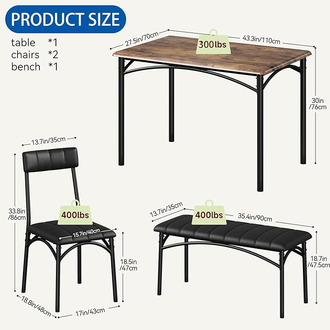 IDEALHOUSE Dining Table Set for 4, Kitchen Table with Chairs for 4, Rectangular Wood Dining Room Table Set with Upholstered Bench for Small Space, Dinner, Apartment, Retro Brown