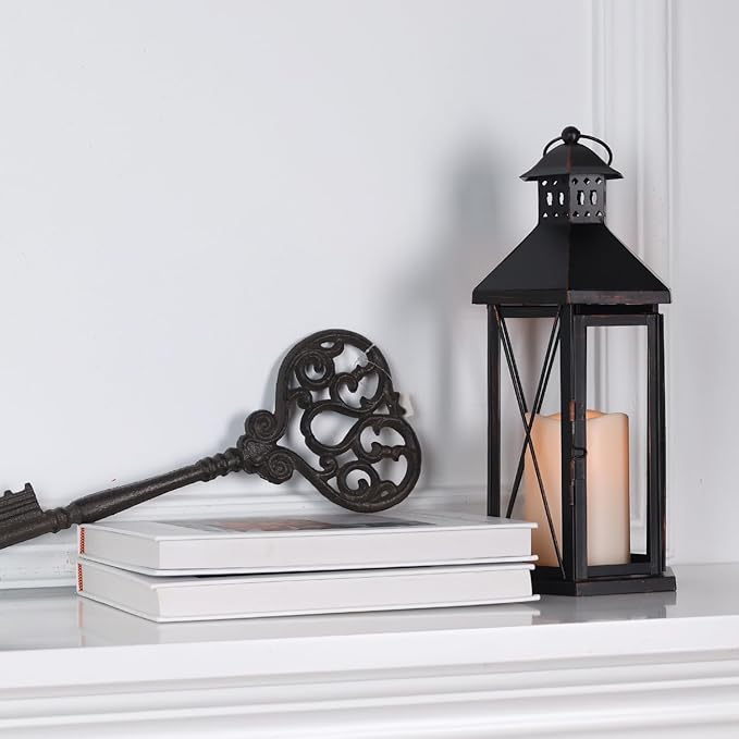 DECORKEY LED Lantern Decorative Indoor & Outdoor, 14" Vintage Hanging Lantern Holder for Porch with LED Candle Large Metal Outdoor Lantern for Patio, Front Porch, Christmas, Spring