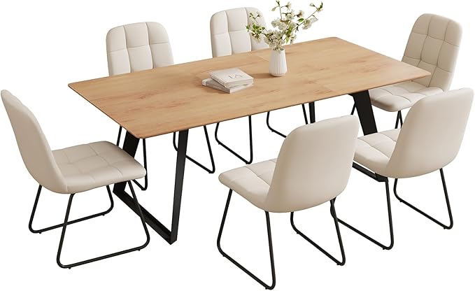 ZckyCine 63"-79" Expandable Dining Table Set for 6, Wood Table & 6 White Chairs, Extendable Kitchen Dining Table Set for Kitchen & Dining Room, Modern Oak & White