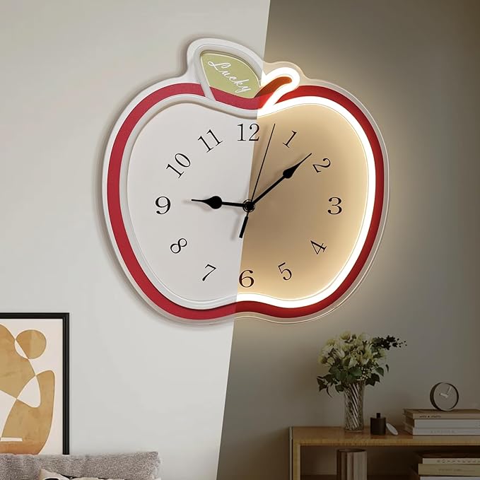 jXIN 12 Inch Apple Shaped Novelty Fun Shaped Wall Clock, 2-in-1 LED Silent Clock and Warm White Night Light, Creative Decorative Clock for Cozy Atmosphere Children's Room