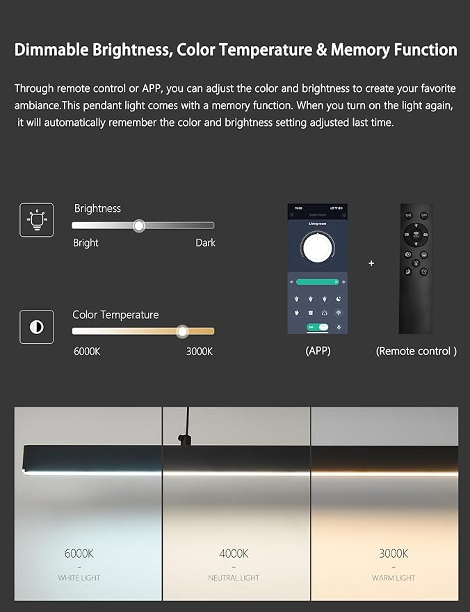 Modern Black Linear Pendant Lights Kitchen Island Lighting Minimalist Led Chandeliers Pool Table Light Dimmable Ceiling Hanging Light Fixture Dining Room with Remote Control (47in)