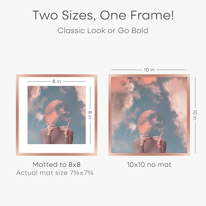 Homeforia 10x10 Picture Frame Rose Gold, High End Metal 10 by 10 Square Frames with Mat 8 x 8 Photo, 10by10 Poster Frame Matted to 8x8 Print, Wall or Tabletop Frame, Tempered Glass, Wall Kit, Set of 2