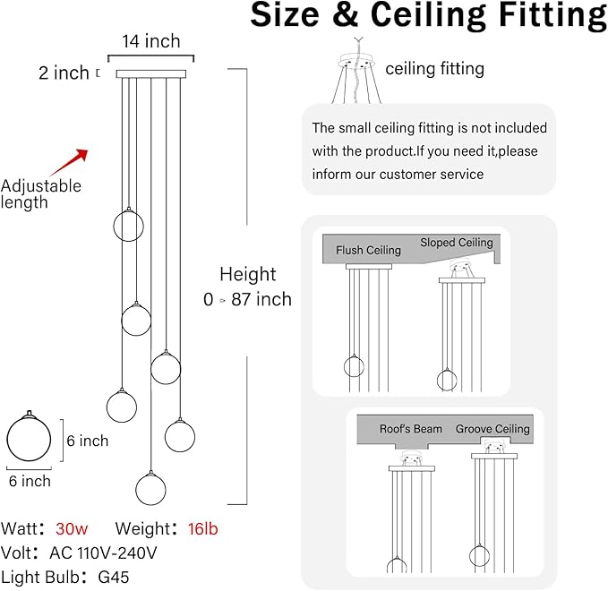 H 87in Modern Glass Globe Chandelier 6-Lights Glass Pendant Light for Staircase Silver Globe Chandelier Clear Glass Hanging Lighting for Living Room Bedroom Entryway